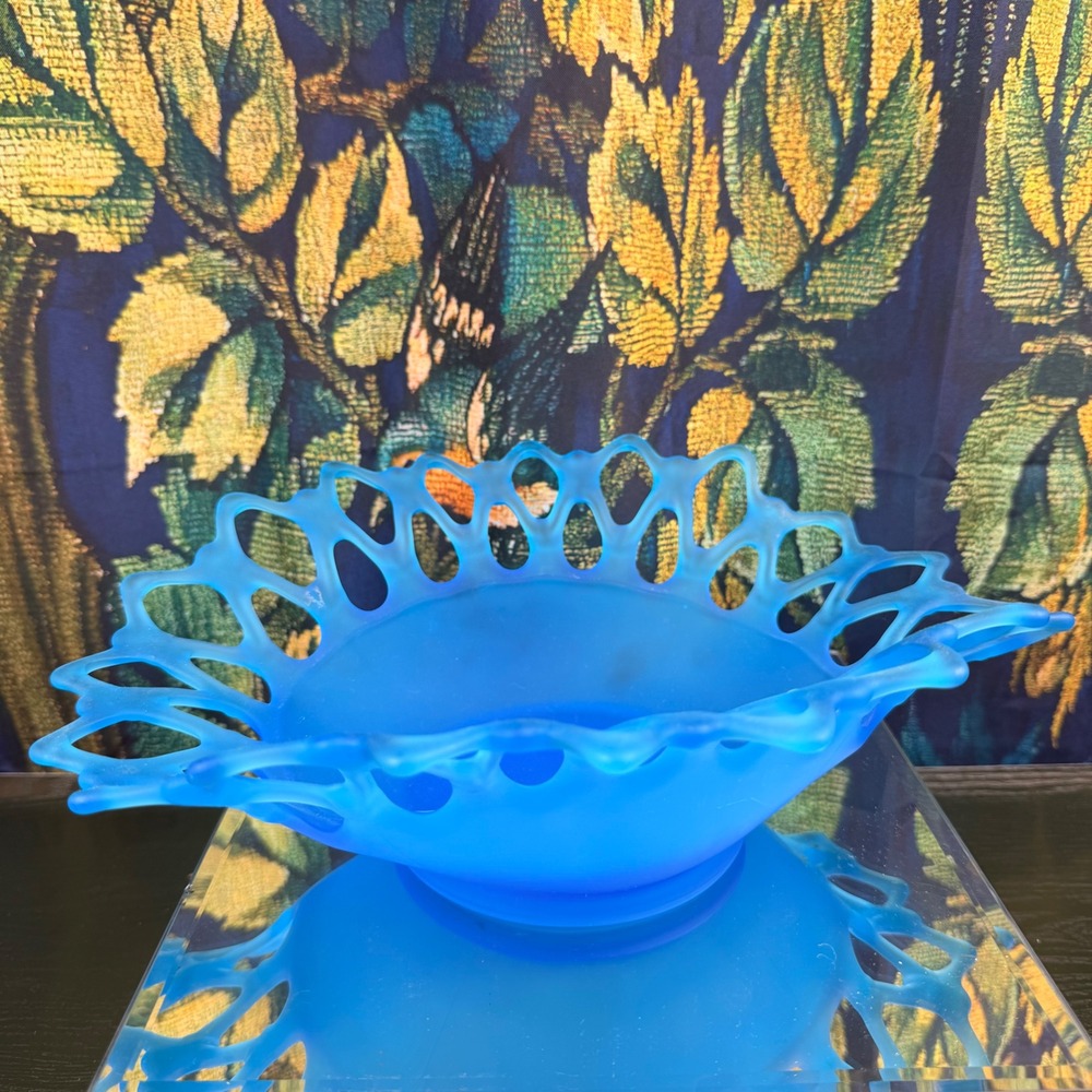 Vintage Blue Satin Frosted Glass Lattice Reticulated Ruffled Edge Oval Bowl